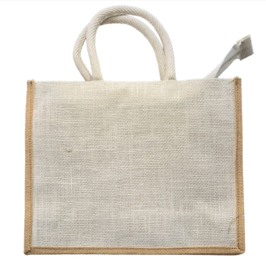 Vintage style MicRic jute cotton tote bag with large pockets, ideal for shopping and casual use, featuring custom-made design.