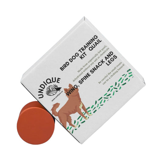 Dog training kit featuring Quailz.com quail wing treats for effective reinforcement, not suitable for small breeds, natural training aid