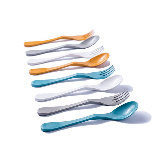 Knork Eco 8-piece flatware set with stainless steel utensils and carrying case, perfect for eco-friendly dining and travel.