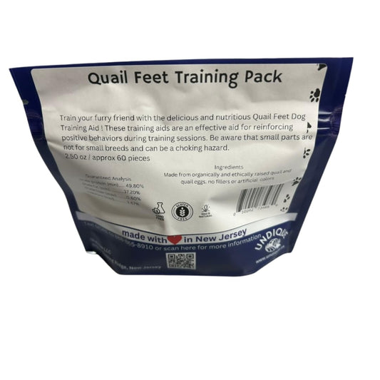 Dog treats featuring quail feet from Quailz.com by Undique LLC, shown in a pack with several quail feet treats visible.