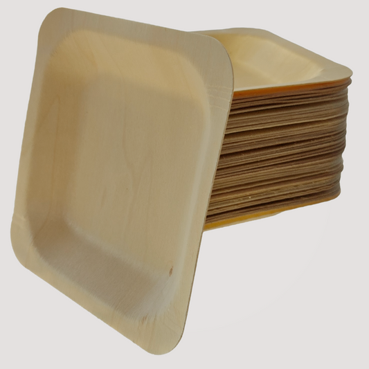 MicRic eco-friendly square wooden plate, 9x9 inches, made from bamboo and palm leaf, shown in a pack of 300 for sustainable dining.
