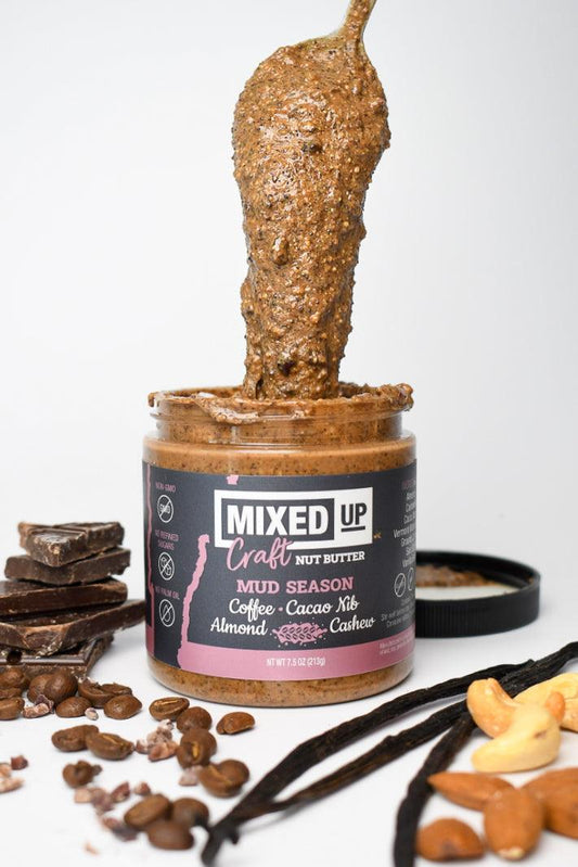 Creamy Nut Butter from Mixed Up Foods' "Mud Season" with crunchy cacao nibs and coffee nuts in a 7.5 oz jar.