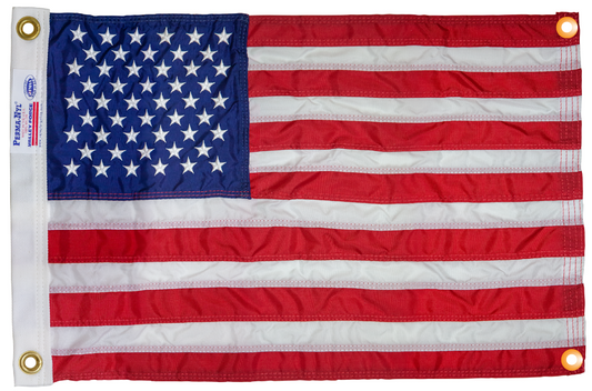 WallSafe™ nylon American flag with reinforced edge grommets, wall-mounted design, made in the USA by Flagman of America.