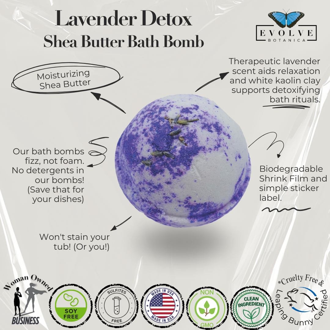 Evolve Botanica Lavender Detox bath bomb with purple and white swirls, aromatic lavender scent, and calming bath scene.