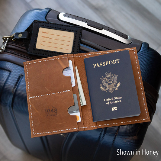 Custom passport wallet by Rebekah Scott Designs featuring unique design details and secure card slots.