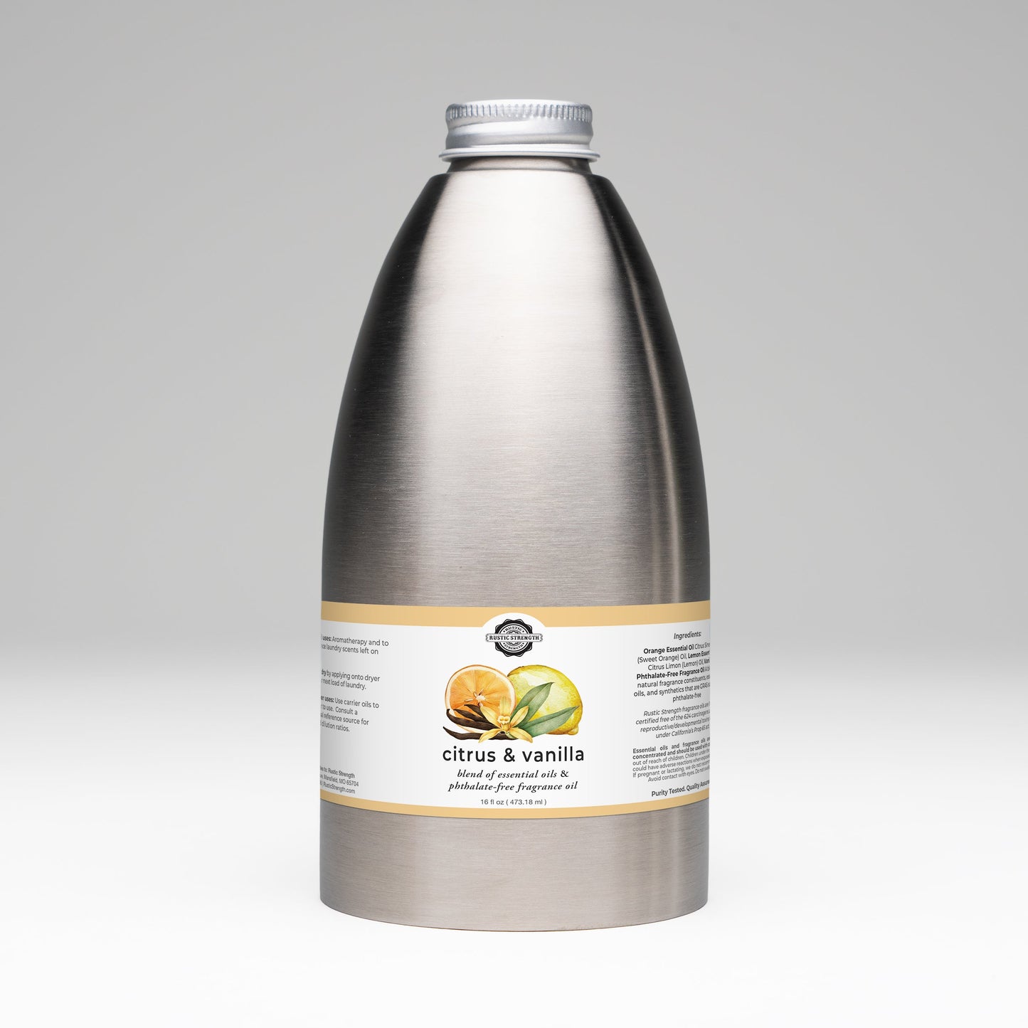 Rustic Strength Citrus & Vanilla essential oil and fragrance blend in a 16 oz bottle, showcasing fresh citrus and warm vanilla notes