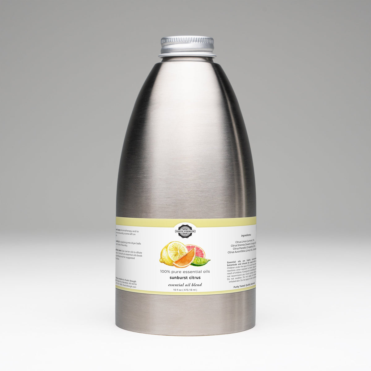 Rustic Strength citrus scent blend with lemon, orange, grapefruit, and lime essential oils in a 16 oz Sunburst bottle.
