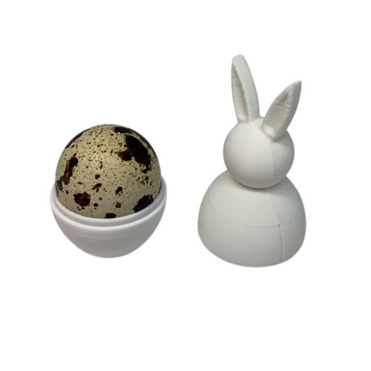 White DIY paintable quail egg cup bunny holder set for Easter and spring home decor, featuring two ceramic egg holders with bunny design.