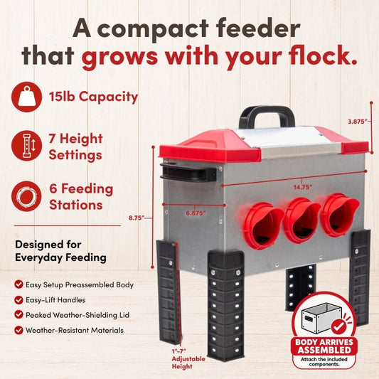 RentACoop Flock Feeder 15 6-Port, 15lb poultry feeder with multiple ports for easy feeding of chickens or poultry.