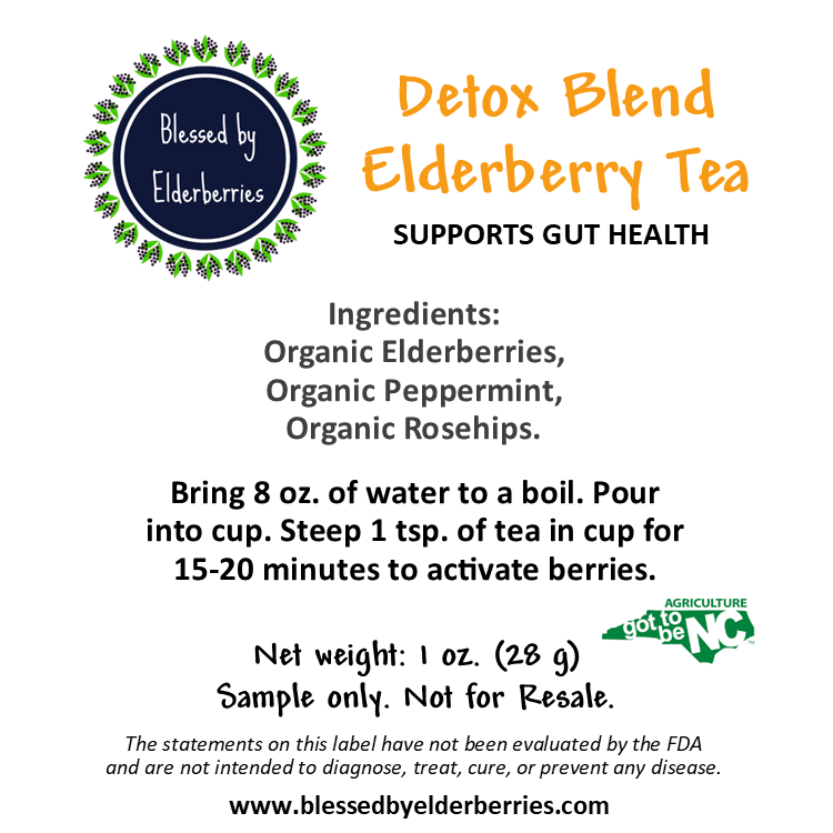 Blessed by Elderberries Detox Blend Elderberry Tea package with dried elderberries and label, 1 oz size.