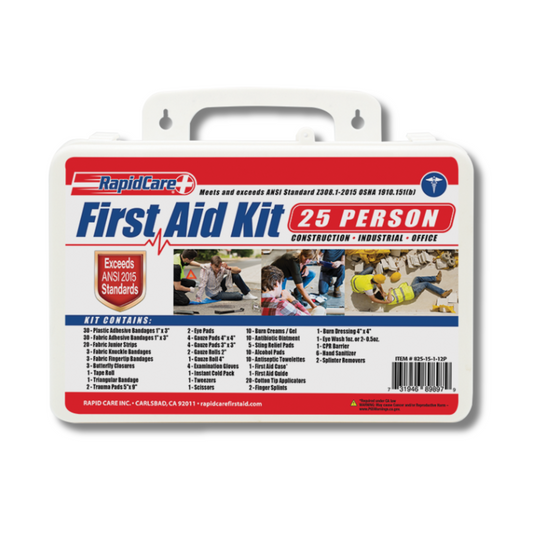 Small 25-person first aid kit from Rapid Care First Aid, compact plastic container with essential medical supplies for emergencies.
