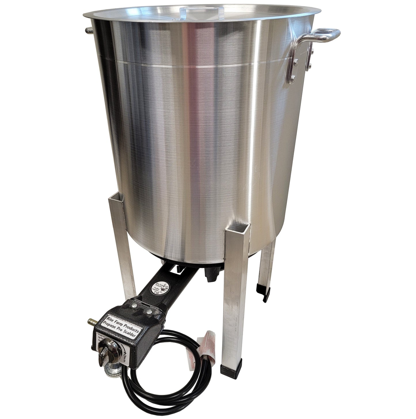 Propane 15-gallon poultry scalder for chickens, ducks, geese, and pheasants, made in the USA, used for scalding poultry.