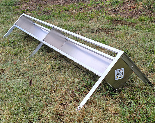 Aluminum sheep and goat V trough feeder with anchors, 96 inches long, durable USA-made livestock feeding equipment.