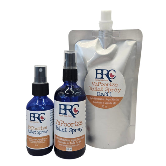By Robin Creations VaPoorize "use before you poo" toilet spray bottle, reformulated for enhanced effectiveness, shown in the image.