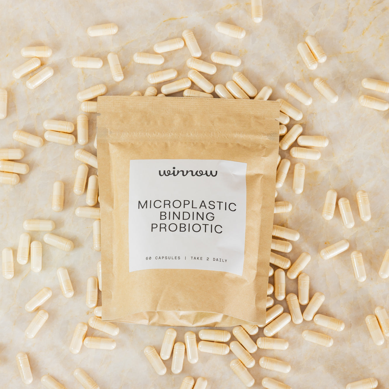 Winnow Daily Probiotic Refill Packs with probiotic capsules in a resealable pouch, designed to support digestive health.