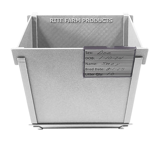 White Texas USA made 6-inch hanging rabbit feeder with sifter base and ID tag, suitable for rabbit, ferret, chinchilla, and guinea pig supplies.