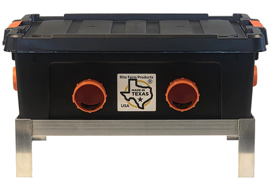 USA made 50lb capacity automatic chicken feeder with six ports on welded aluminum poultry stand, suitable for chickens, ducks, geese, and pheasants.