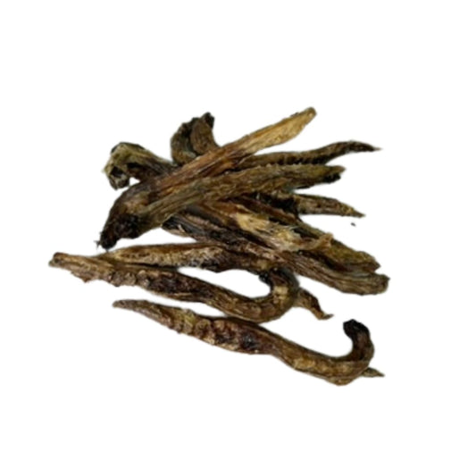 Dehydrated quail crunch sticks dog treats, 10-count, with quail spines, promoting dental health and healthy pet training.
