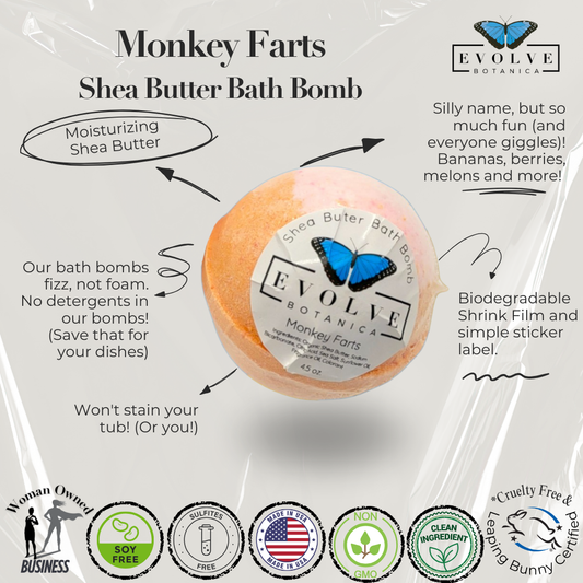 Evolve Botanica Monkey Farts bath bomb with colorful swirls and fun design, ready for a relaxing bath experience.