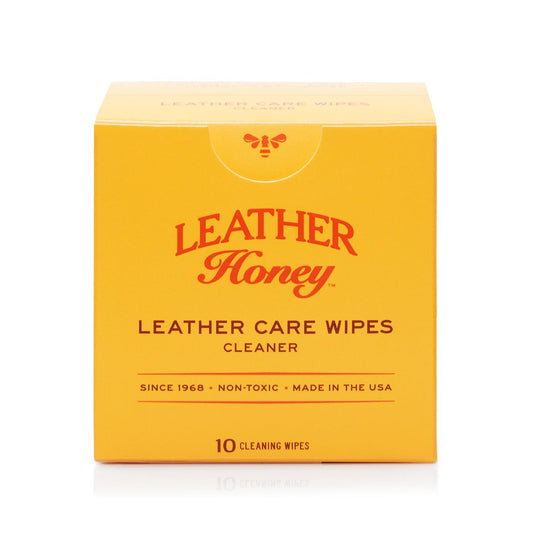 Leather Honey Leather Care Wipes pack showing ten convenient wipes for cleaning and conditioning leather surfaces.