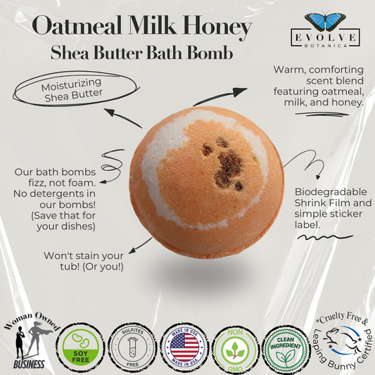 Evolve Botanica oatmeal milk honey bath bomb with textured surface and soothing natural ingredients for relaxing bath time.