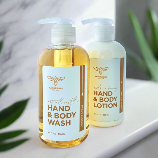 Organic Castile Hand and Body Wash by BannerBee Company LLC with citrus blossom scent, showcasing the elegant bottle and citrus imagery.