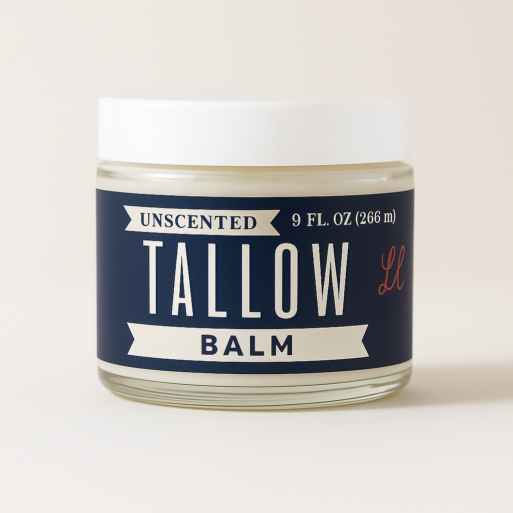 Unscented Lady May tallow balm, natural beef tallow moisturizer with vitamin E and jojoba for face and body care.