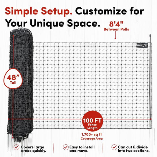 RentACoop black non-electric boundary fence for poultry, showing sturdy mesh panels and support posts in a farm setting.