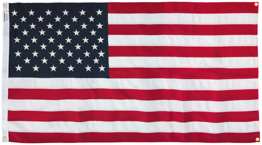 Polyester American flag wall-mounted by Flagman of America, reinforced grommets, designed for indoor display, made in the USA.