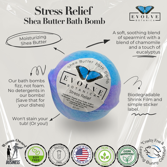 Evolve Botanica stress relief bath bomb with calming lavender and soothing ingredients for a relaxing bath experience.