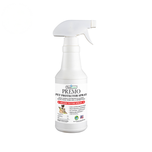 Pet Protector Spray by Premo Natural Products, plant-based non-toxic pest control mist for pets and home safety.