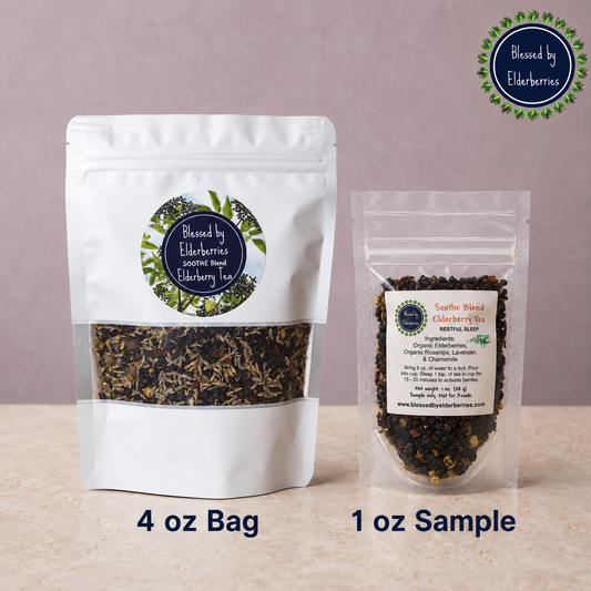 Blessed by Elderberries Soothe Blend Elderberry Tea in a mug, featuring a vibrant herbal tea with elderberries and soothing herbs.
