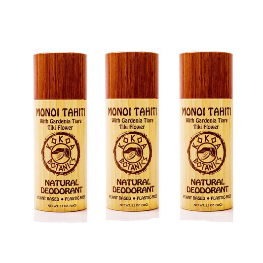 Three natural KOKOA BOTANICS deodorants in a 3-pack, aluminum-free with Monoi and other varieties, shown in an image.