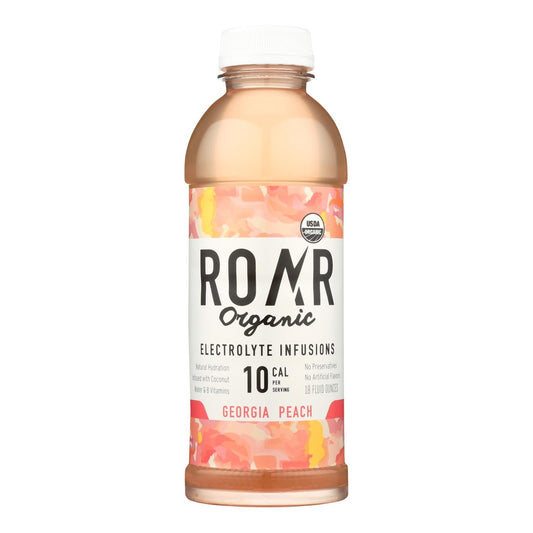 Cozy Farm Roar Organic Georgia Peach Water in 18 Fl Oz bottles, pack of 12, featuring fresh peach flavor and clear beverage image.