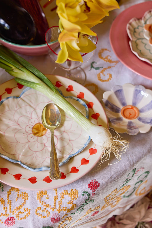 Ceramic Flower Shaped Side Plate with Blue Border
