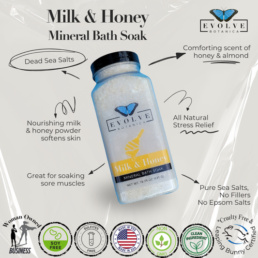 Evolve Botanica Milk & Honey Mineral Soak bath salt in a jar with a scoop, featuring creamy milk and honey ingredients.