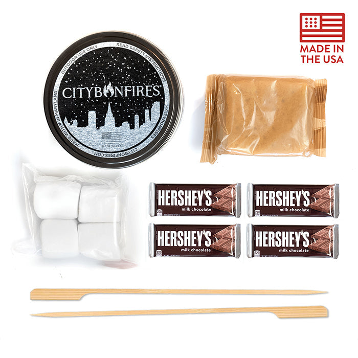City Bonfires S'mores Night Pack outdoors set with chocolate, marshmallows, and graham crackers for camping and outdoor gatherings.
