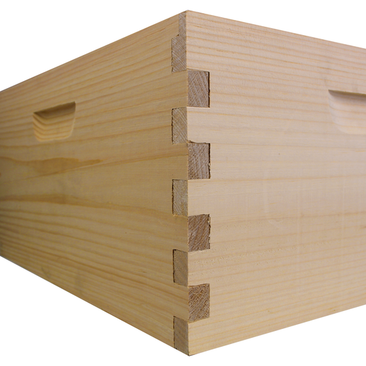 Amish-made Galena Farms 8-frame Langstroth deep brood box in Eastern White Pine, designed for beekeeping hive expansion.