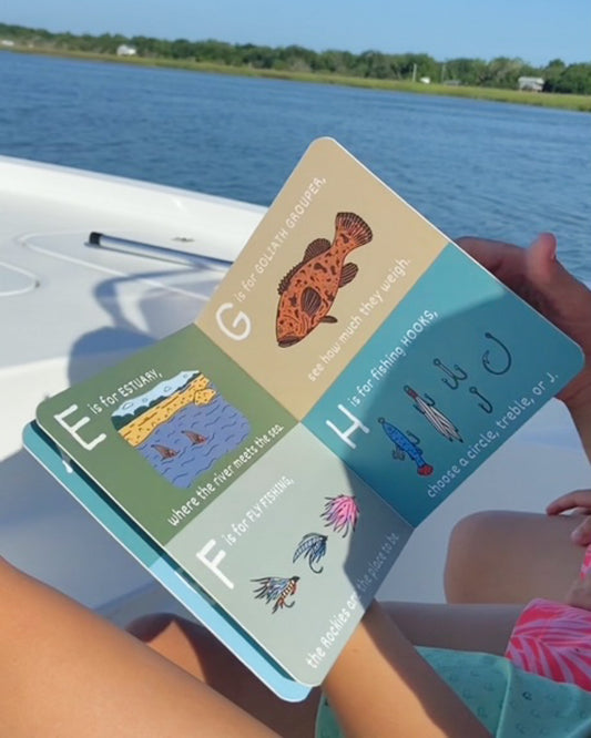 Children's ABC book titled "ABC's of Fishing" by Wild Adventure Books, featuring colorful fishing-themed illustrations for kids.