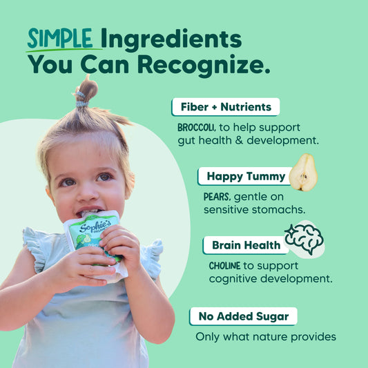 Six-pack of Sophie's Organics Green Dream baby snacks featuring organic green vegetable shapes in colorful packaging.