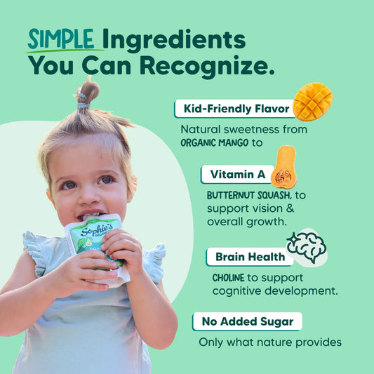 Six-pack of Sophie's Organics Mango To Tango fruit snacks in colorful packaging, featuring mango illustrations on each pack.