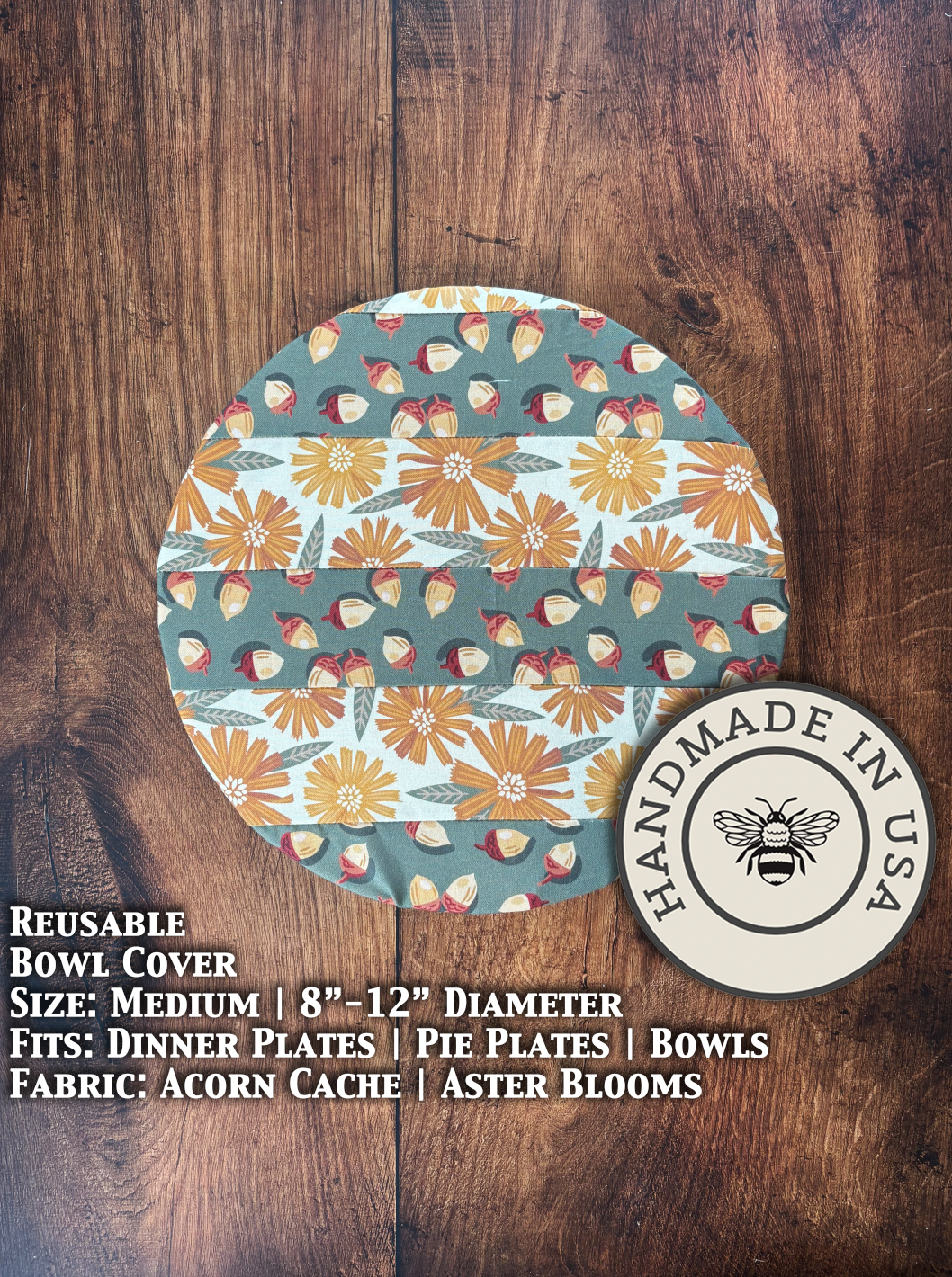Medium bowl and banneton covers from Five Oaks Farm with acorn and bloom designs, ideal for bread baking and fermentation.