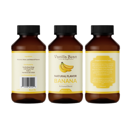 Natural banana extract from Vanilla Bean Kings in a clear bottle, showing a vibrant yellow liquid and a banana illustration on the label.