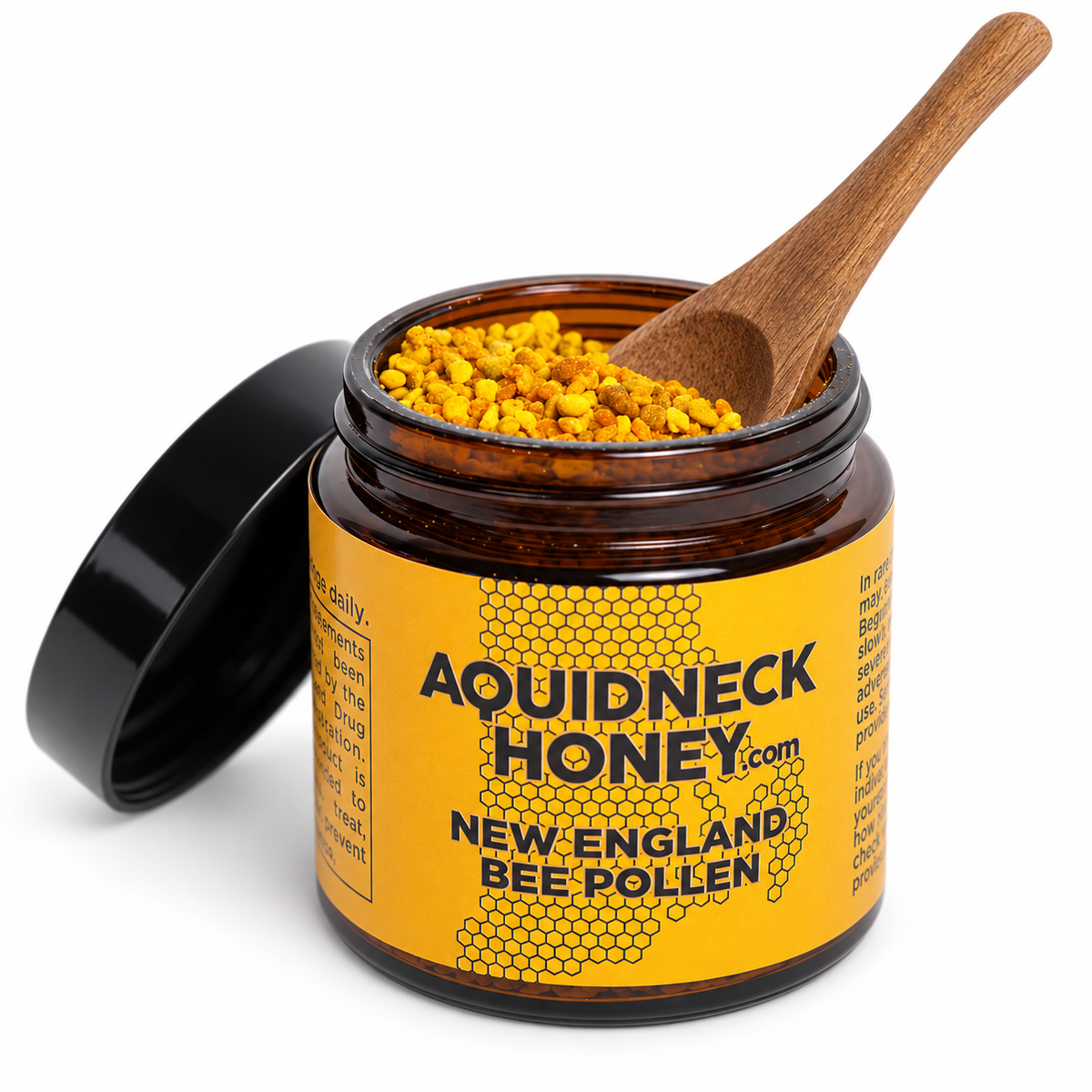 Pure raw bee pollen from Aquidneck Honey, featuring golden granules collected from bees in NH, RI, and MA.