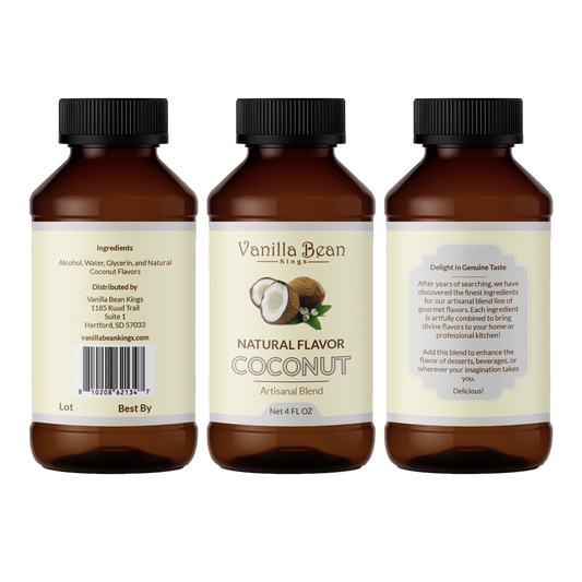 Close-up of a fresh coconut with shredded coconut and coconut extract bottle, showcasing natural coconut extract from Vanilla Bean Kings