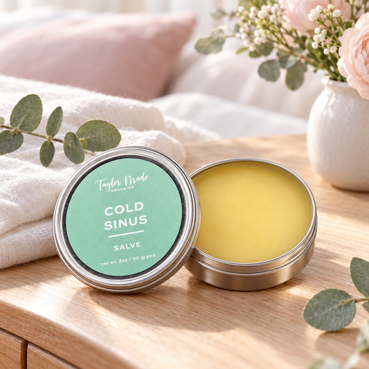 Taylor Made Organics Cold & Sinus Organic Salve in a jar, showing the therapeutic herbal salve for nasal relief and respiratory comfort.