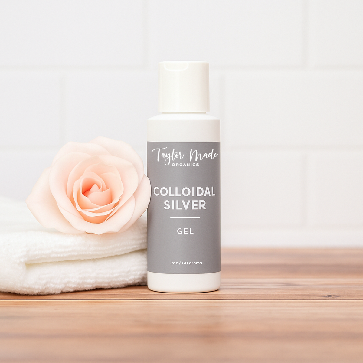 Organic colloidal silver gel in a therapeutic cream container by Taylor Made Organics, showcasing the product's label and packaging.