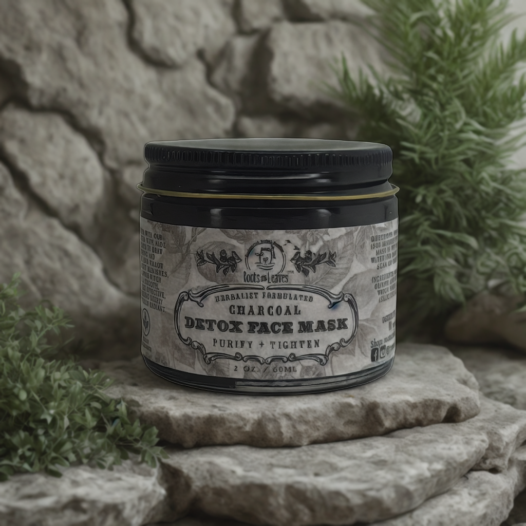 Charcoal detox face mask in a jar, with black clay and charcoal powder visible, by Roots and Leaves LLC for deep cleansing.