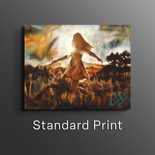 Women's art print titled "Dare to Dance Again" by Vanessa Horabuena featuring vibrant dance-themed artwork on a white background.