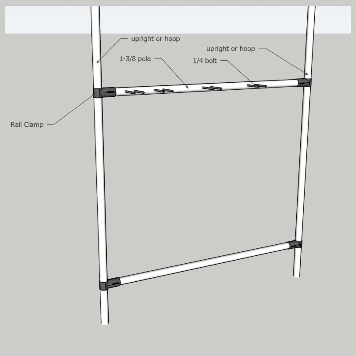 Bootstrap Farmer DIY garden tool organizer kit mounted on 1 ⅜-inch fence rail pipe, with various gardening tools attached.